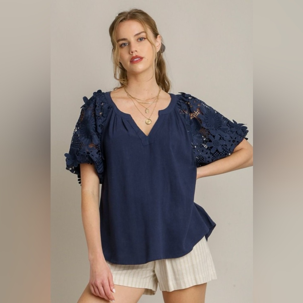 Umgee French Terry Boxy Cut Top with 3D Floral Sleeves|Dark Navy 1XL